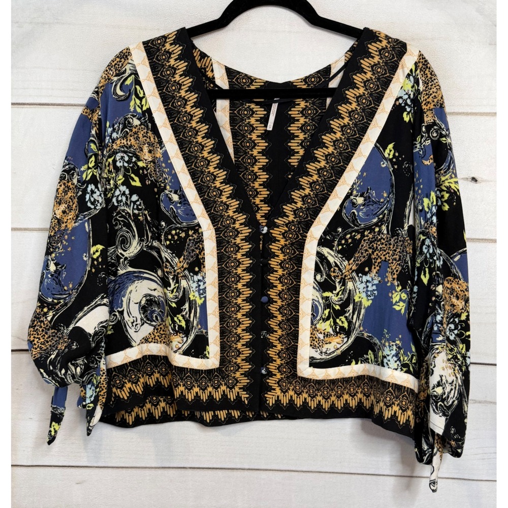 Free People Mixed Print Leopard Floral Boho Button Front Top Black Blue XS